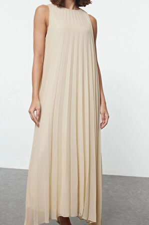 Kadın Moda Şık Tesettür Uzun Bisiklet Yaka Regular Piliseli Dokuma İçlik Elbise