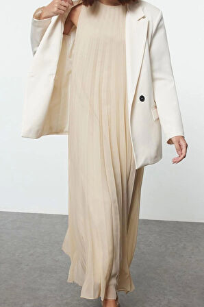 Kadın Moda Şık Tesettür Uzun Bisiklet Yaka Regular Piliseli Dokuma İçlik Elbise