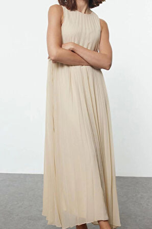 Kadın Moda Şık Tesettür Uzun Bisiklet Yaka Regular Piliseli Dokuma İçlik Elbise