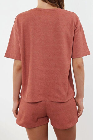 Kadın Moda Şık Bisiklet Yaka Boru Paça Kısa Kol Waffle Kumaş Örme Pijama Takımı