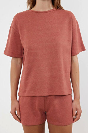 Kadın Moda Şık Bisiklet Yaka Boru Paça Kısa Kol Waffle Kumaş Örme Pijama Takımı