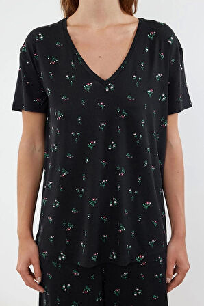 Kadın Moda Şık V Yaka Geniş Paça Kısa Kol Çiçekli Örme Pijama Takımı