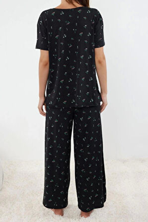 Kadın Moda Şık V Yaka Geniş Paça Kısa Kol Çiçekli Örme Pijama Takımı