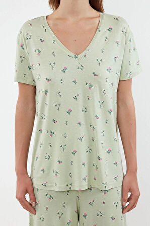 Kadın Moda Şık V Yaka Geniş Paça Kısa Kol Çiçekli Örme Pijama Takımı