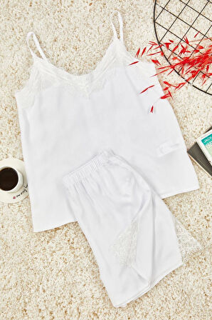 Kadın Moda Şık V Yaka Boru Paça Askılı Kol Dantelli İp Viskon Dokuma Pijama Takımı