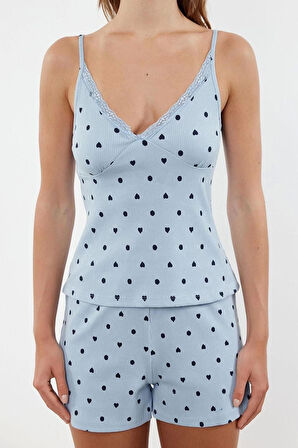 Kadın Askılı Yaka Askılı Kol Premium Pamuklu Çiçekli Dantel Detaylı İp Fitilli Pijama Takımı
