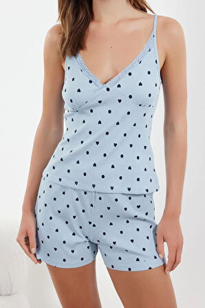 Kadın Askılı Yaka Askılı Kol Premium Pamuklu Çiçekli Dantel Detaylı İp Fitilli Pijama Takımı