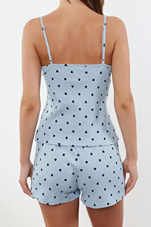 Kadın Askılı Yaka Askılı Kol Premium Pamuklu Çiçekli Dantel Detaylı İp Fitilli Pijama Takımı