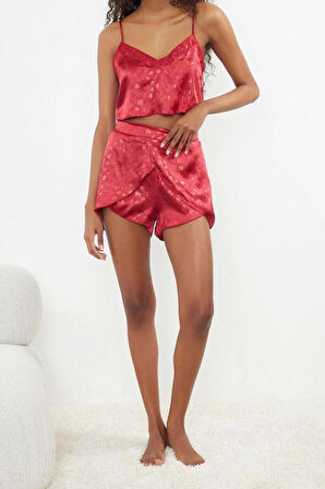 Kadın Polyester V Yaka Askılı Kol Saten İp Askılı Dokuma Pijama Takımı