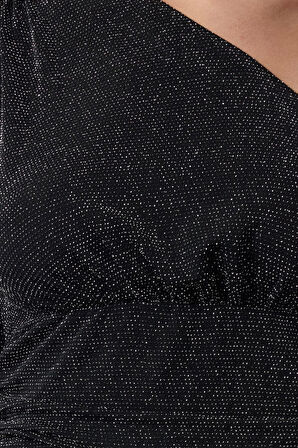 Kadın Moda Şık Üst Giyim Crop Asimetrik Yaka Fitted Kalıp Örme Tek Omuz Parıltılı Simli Bluz