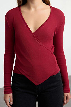 Kadın Moda Şık Regular Kruvaze Yaka Slim Kalıp Örme Fitted Vücuda Oturan Yaka Kol Fitilli Esnek Bluz