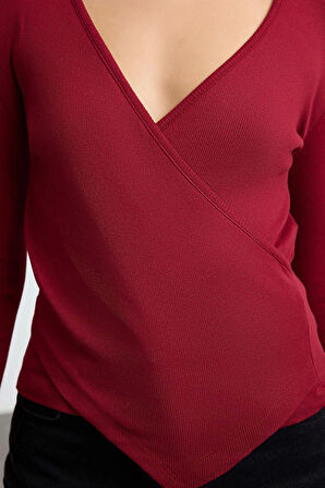 Kadın Moda Şık Regular Kruvaze Yaka Slim Kalıp Örme Fitted Vücuda Oturan Yaka Kol Fitilli Esnek Bluz