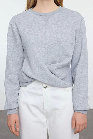 Kadın Moda Slim Bisiklet Yaka Düşük Kol Crop Burgu Detaylı Crop Kalın İçi Polarlı Örme Sweatshirt