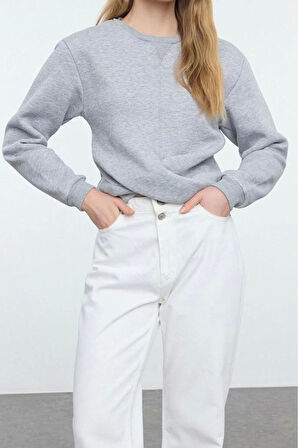 Kadın Moda Slim Bisiklet Yaka Düşük Kol Crop Burgu Detaylı Crop Kalın İçi Polarlı Örme Sweatshirt