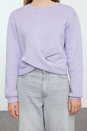 Kadın Moda Slim Bisiklet Yaka Düşük Kol Crop Burgu Detaylı Crop Kalın İçi Polarlı Örme Sweatshirt