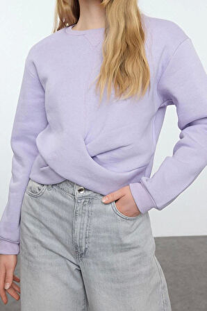Kadın Moda Slim Bisiklet Yaka Düşük Kol Crop Burgu Detaylı Crop Kalın İçi Polarlı Örme Sweatshirt