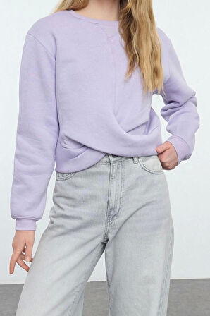 Kadın Moda Slim Bisiklet Yaka Düşük Kol Crop Burgu Detaylı Crop Kalın İçi Polarlı Örme Sweatshirt