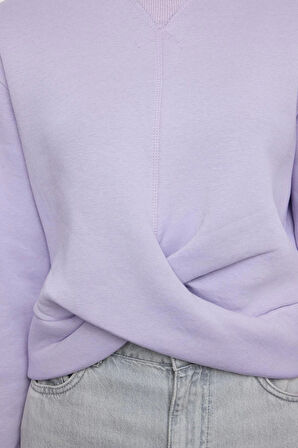 Kadın Moda Slim Bisiklet Yaka Düşük Kol Crop Burgu Detaylı Crop Kalın İçi Polarlı Örme Sweatshirt