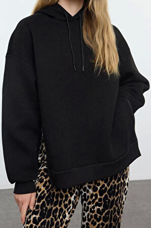Kadın Moda Şık Bol Kapüşonlu Düşük Kol Uzun Fermuar Detaylı Kalıp Kalın İçi Polarlı Örme Sweatshirt
