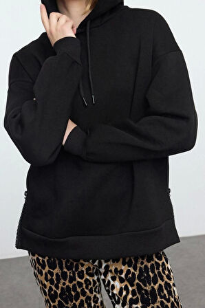 Kadın Moda Şık Bol Kapüşonlu Düşük Kol Uzun Fermuar Detaylı Kalıp Kalın İçi Polarlı Örme Sweatshirt