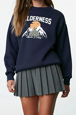 Kadın Regular Bisiklet Yaka Düşük Kol Regular Baskılı Kalın İçi Polarlı Rahat Kalıp Örme Sweatshirt