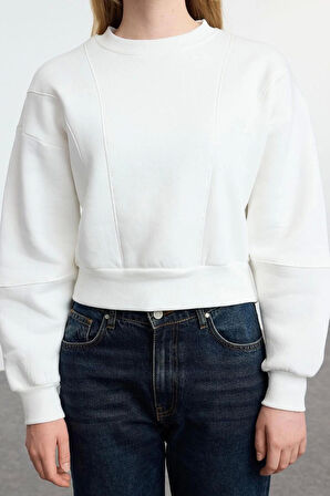 Kadın Bisiklet Yaka Düşük Kol Kalın İçi Polarlı Dikiş Detaylı Normal Kalıp Örme Sweatshirt