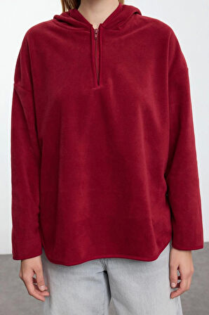 Kadın Moda Şık Bol Kapüşonlu Düşük Kol Uzun Kalın Polar ve Fermuarlı Geniş Kalıp Örme Sweatshirt