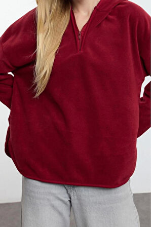Kadın Moda Şık Bol Kapüşonlu Düşük Kol Uzun Kalın Polar ve Fermuarlı Geniş Kalıp Örme Sweatshirt