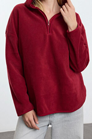 Kadın Moda Şık Bol Kapüşonlu Düşük Kol Uzun Kalın Polar ve Fermuarlı Geniş Kalıp Örme Sweatshirt
