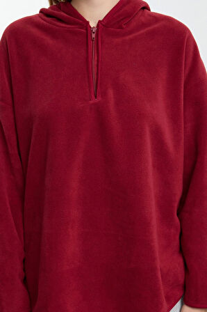 Kadın Moda Şık Bol Kapüşonlu Düşük Kol Uzun Kalın Polar ve Fermuarlı Geniş Kalıp Örme Sweatshirt