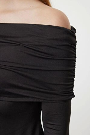 Kadın Mini Boy Carmen Yaka Slim Soft Touch Yumuşak Kumaşlı Fitted Vücuda Oturan Esnek Örme Elbise