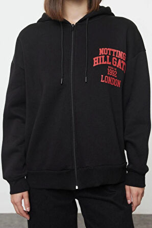 Kadın Moda Şık Bol Kapüşonlu Düşük Kol Uzun Sırt Baskılı Fermuarlı Kalın İçi Polarlı Örme Sweatshirt