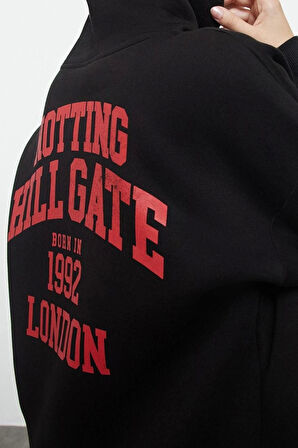 Kadın Moda Şık Bol Kapüşonlu Düşük Kol Uzun Sırt Baskılı Fermuarlı Kalın İçi Polarlı Örme Sweatshirt