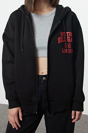 Kadın Moda Şık Bol Kapüşonlu Düşük Kol Uzun Sırt Baskılı Fermuarlı Kalın İçi Polarlı Örme Sweatshirt