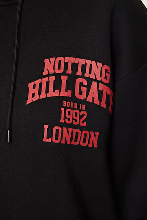 Kadın Moda Şık Bol Kapüşonlu Düşük Kol Uzun Sırt Baskılı Fermuarlı Kalın İçi Polarlı Örme Sweatshirt