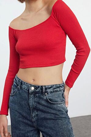 Kadın Şık Super Crop Carmen Yaka Düşük Kol Slim Kalıp Örme Fitted Vücuda Oturan Fitilli Esnek Bluz