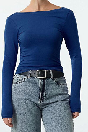 Kadın Regular Slim Kalıp Örme Derin Sırt Dekolteli Fitted Vücuda Oturan Pamuklu Esnek Bluz