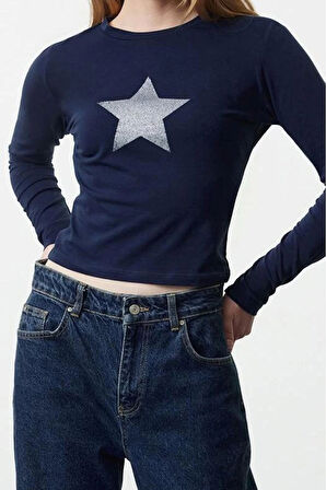 Kadın Moda Şık Crop Bisiklet Yaka Slim Kalıp Örme Fitted Vücuda Oturan Baskılı Pamuklu Esnek Bluz