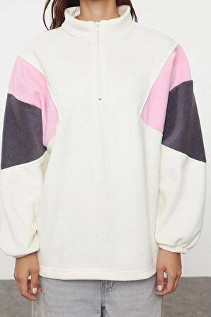 Kadın Moda Şık Bol Fermuarlı Yaka Düşük Kol Uzun Fermuarlı Geniş Kalıp Polar Örme Sweatshirt