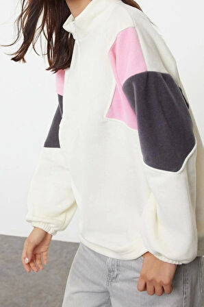 Kadın Moda Şık Bol Fermuarlı Yaka Düşük Kol Uzun Fermuarlı Geniş Kalıp Polar Örme Sweatshirt
