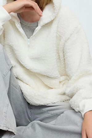 Kadın Moda Şık Bol Kapüşonlu Düşük Kol Uzun Fermuarlı Overize Geniş Kalıp Peluş Örme Sweatshirt