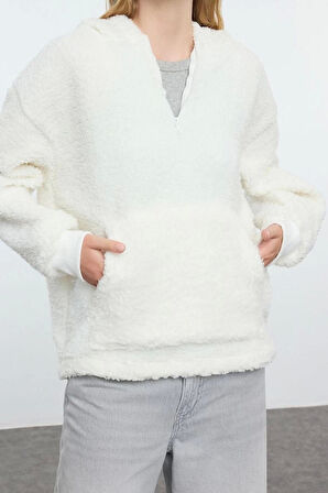 Kadın Moda Şık Bol Kapüşonlu Düşük Kol Uzun Fermuarlı Overize Geniş Kalıp Peluş Örme Sweatshirt