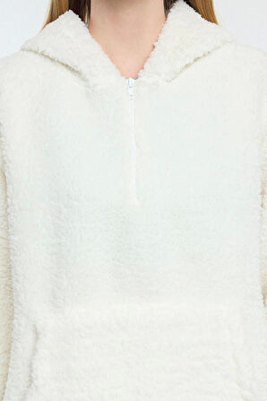 Kadın Moda Şık Bol Kapüşonlu Düşük Kol Uzun Fermuarlı Overize Geniş Kalıp Peluş Örme Sweatshirt