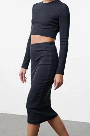 Kadın Moda Şık Geniş Paça Regular Boy Uzun Kollu Crop Bisiklet Yaka Fitilli Esnek Örme Alt-Üst Takım