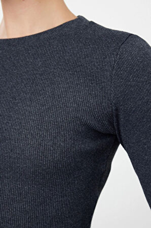 Kadın Moda Şık Geniş Paça Regular Boy Uzun Kollu Crop Bisiklet Yaka Fitilli Esnek Örme Alt-Üst Takım