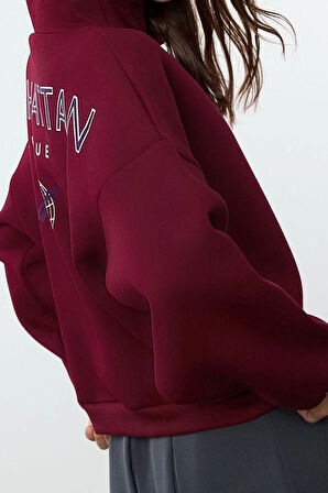 Kadın Moda Şık Relaxed Kapüşonlu Düşük Kol Crop Sırt Baskı Detaylı Kalın İçi Polarlı Örme Sweatshirt