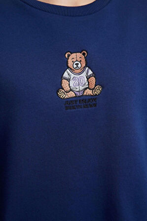 Kadın Moda Şık Relaxed Bisiklet Yaka Düşük Kol Regular Rahat Kalıp Nakışlı Kalın Örme Sweatshirt