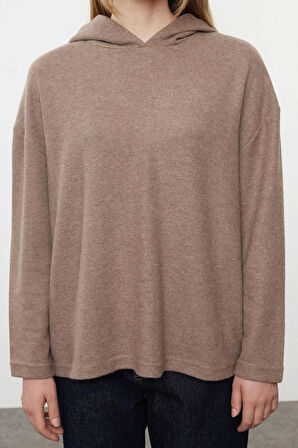 Kadın Moda Şık Bol Kapüşonlu Düşük Kol Uzun Selanik Geniş Kalıp Örme Sweatshirt