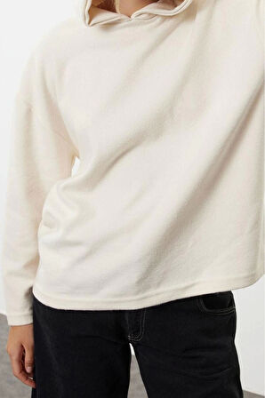 Kadın Moda Şık Bol Kapüşonlu Düşük Kol Uzun Selanik Geniş Kalıp Örme Sweatshirt