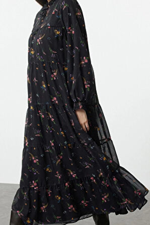 Kadın Moda Şık Tesettür Uzun Dik Yaka Oversize Çıtır Çiçek Desenli Yaka Detaylı Dokuma Elbise